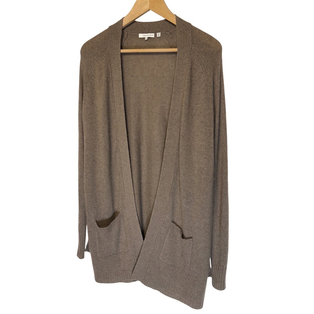 360 Cashmere Open Front Cardigan Taupe Brown Contrast Stripe‎ Pockets Size Small